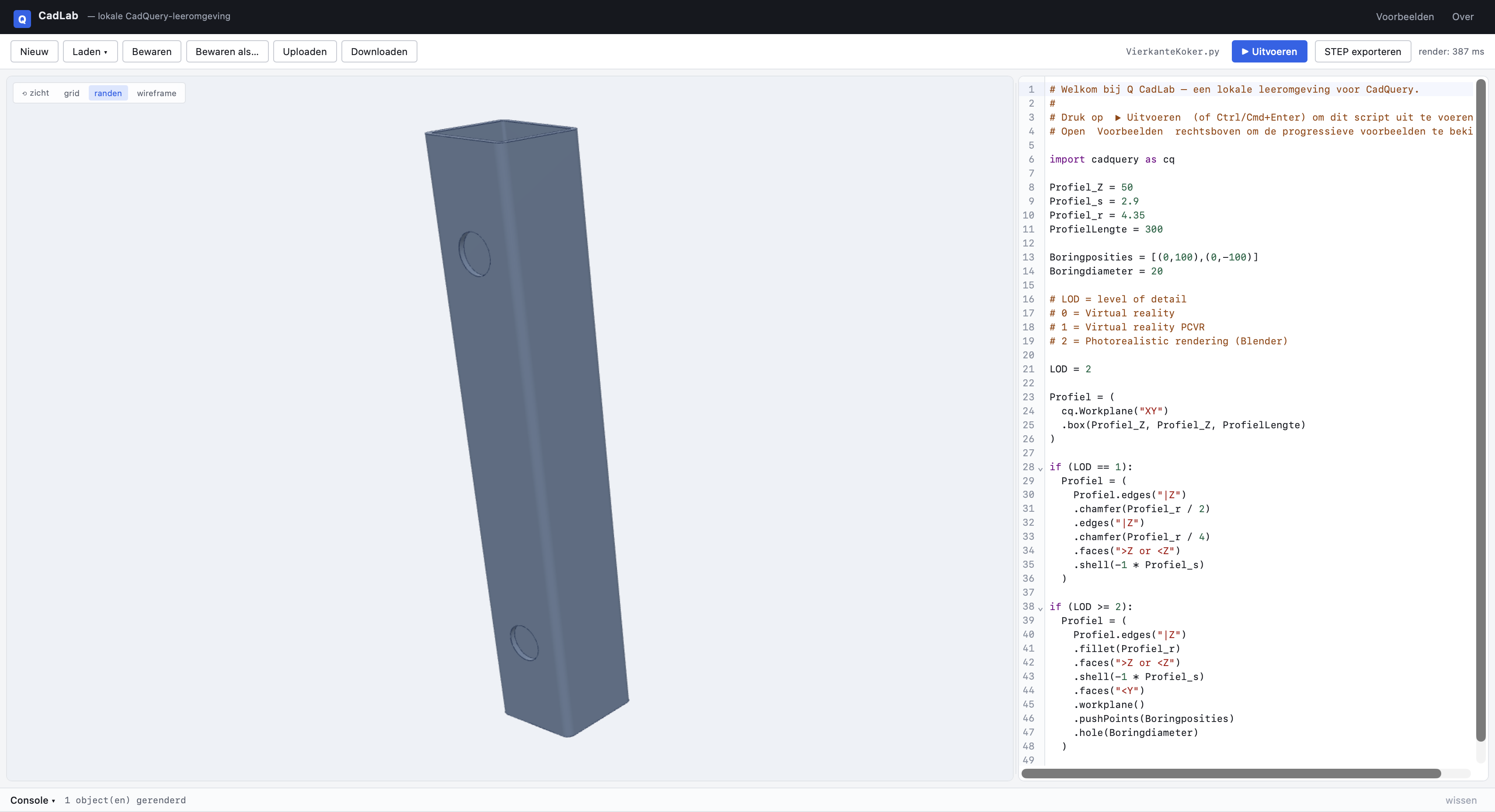 Q CadLab interface showing a parametric square tube profile