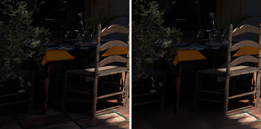 San Miguel comparison, shadowed arcade: raw versus denoised