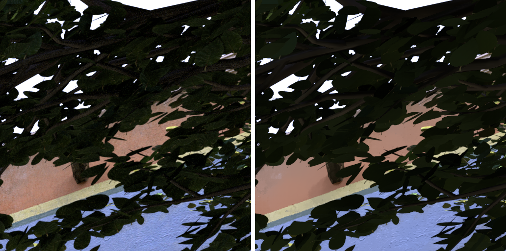 San Miguel comparison, tree canopy: raw versus denoised
