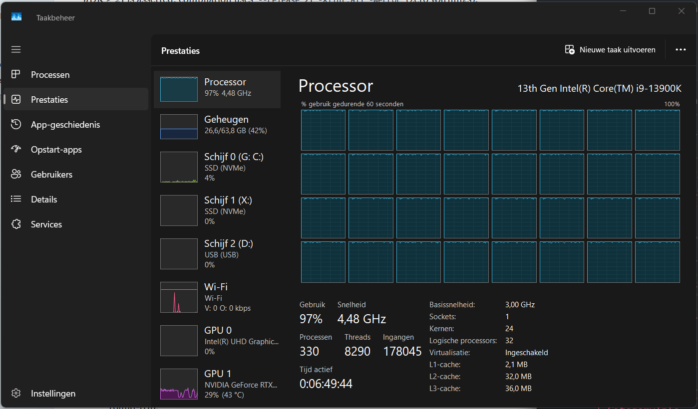 Windows Task Manager showing all 32 logical processors at full load during a render